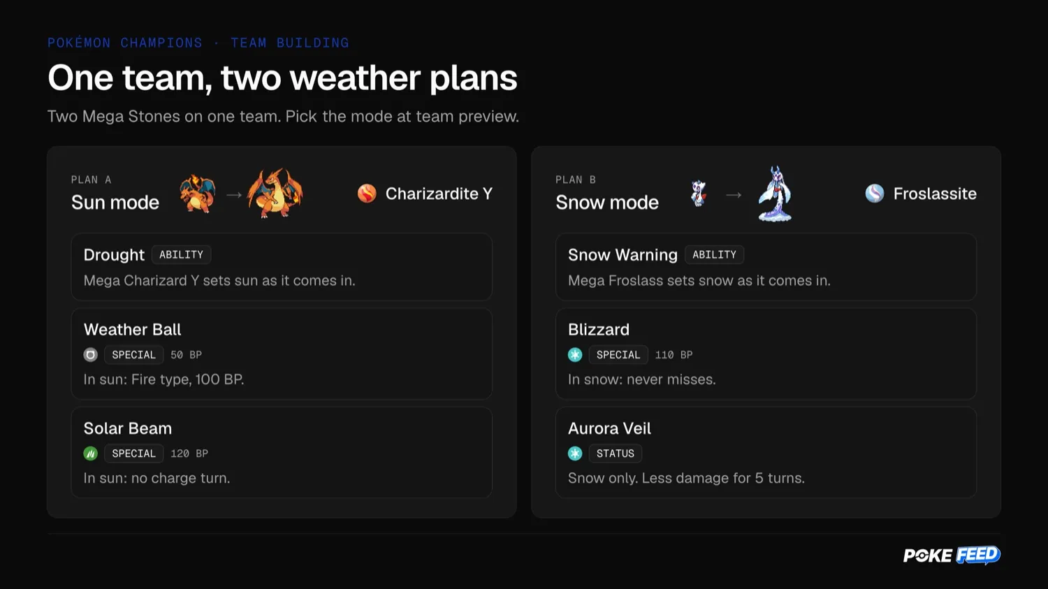 Two weather plans on one team: Mega Charizard Y sets sun with Drought for Weather Ball and Solar Beam, Mega Froslass sets snow with Snow Warning for Aurora Veil.